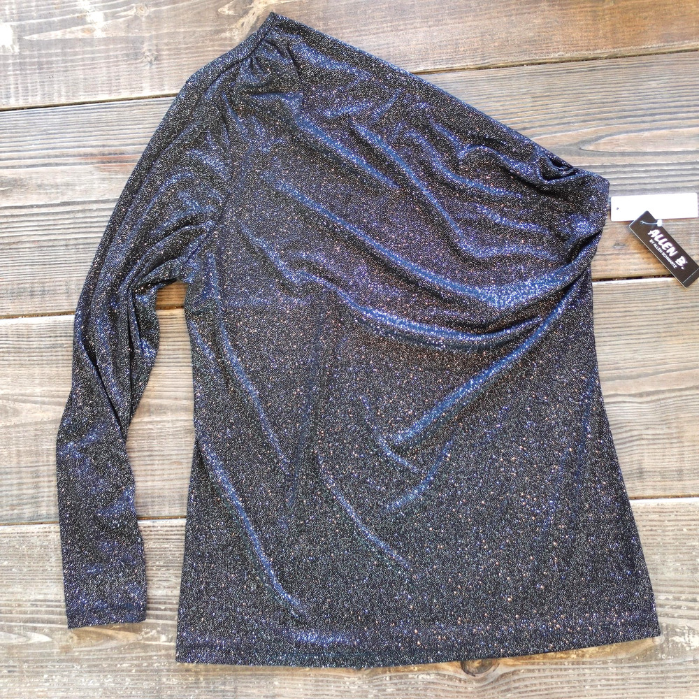 Allen B Top Womens XL‎ Silver Black Liquid Metallics One Shoulder Sparkle Goth
